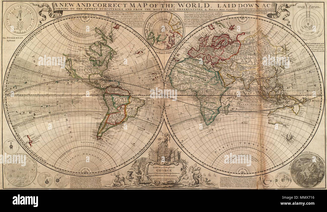 . Eine neue und korrekte Karte der Welt, die nach den neuesten Entdeckungen und die genauen Beobachtungen im Uhrzeigersinn Einsätze von Links: Die Ptolemean System - der Nordpol - das Kopernikanische System mit einem deleneation von y' e Kometen, die in den Jahren 1680 und 1681 erschienen - das Aussehen der Mond nach Angaben von Herrn Cassini - Jupiter mit seinen 4 satellies/durch Herrn Cassini - - Saturn/durch Herrn Cassini - Mars/durch Herrn Cassini - Venus/durch Herrn Cassini - das Aussehen der Sun nach Angaben von Herrn Kircher - Quecksilber. Titel im Banner. Widmung: An Seine Königliche Hoheit, Prinz George Stockfoto