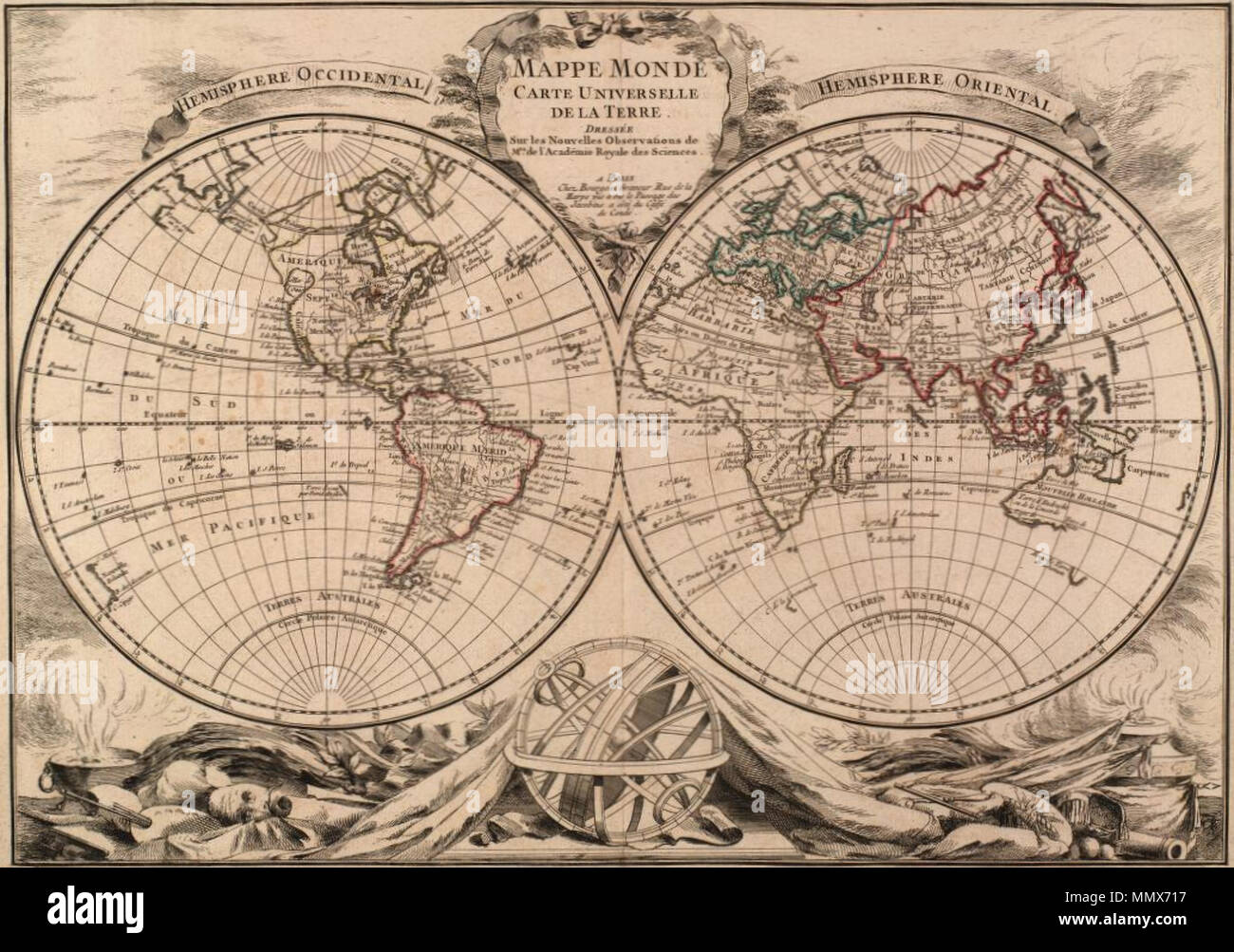 . Mappe Monde Carte Universelle De La Terre Dressee Sicher, les Nouvelles Bemerkungen de Frau De L'Academie des Sciences Royael. . Prime meridian: Ferro. Datum Bleistift in der rechten unteren Ecke. Eingerichtete Titel Kartusche; Dekoration unter Globus umfasst eine Armillarsphäre. Handcolorierte Kupferstich. EAMC 056-Mappe monde Carte universelle de la terre Stockfoto