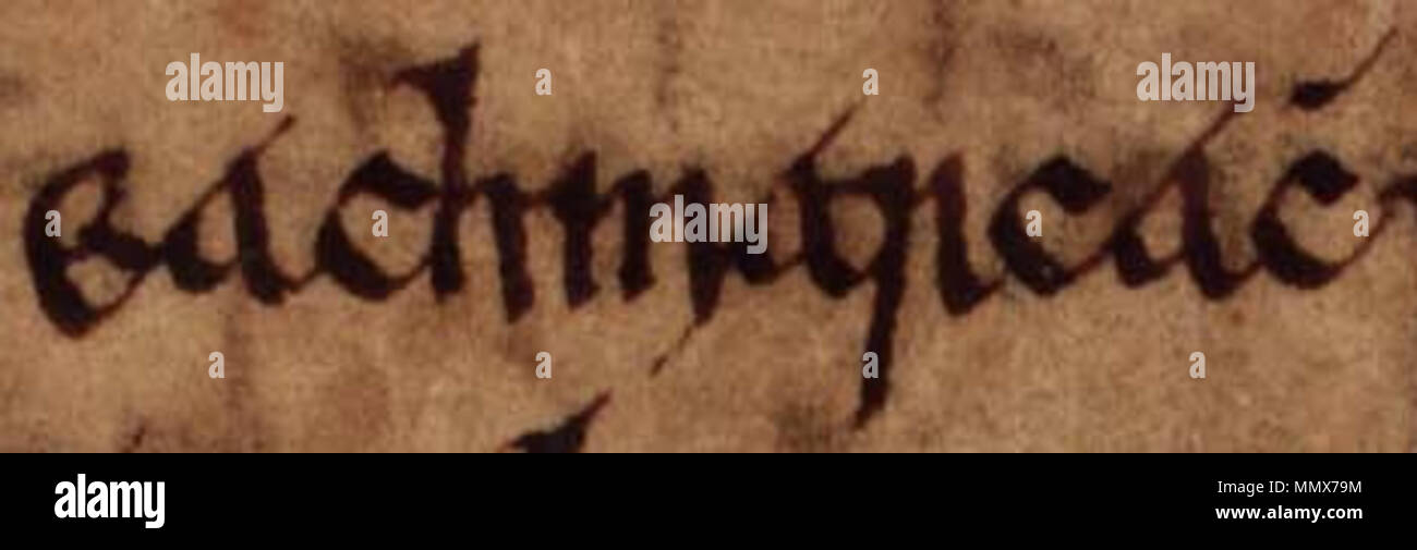 . Englisch: Ein Auszug aus Folio 17r von Oxford Bodleian Library MS Rawlinson B 488 (Geschichte der Tigernach). Der Auszug bezieht sich auf Mac Echmarcach Ragnaill (gest. 1064/1065). . Zwischen dem 14. und 17. Jahrhundert. Unbekannte Echmarcach mac Ragnaill (Oxford Bodleian Library MS Rawlinson B 488, Folio 17r) Stockfoto