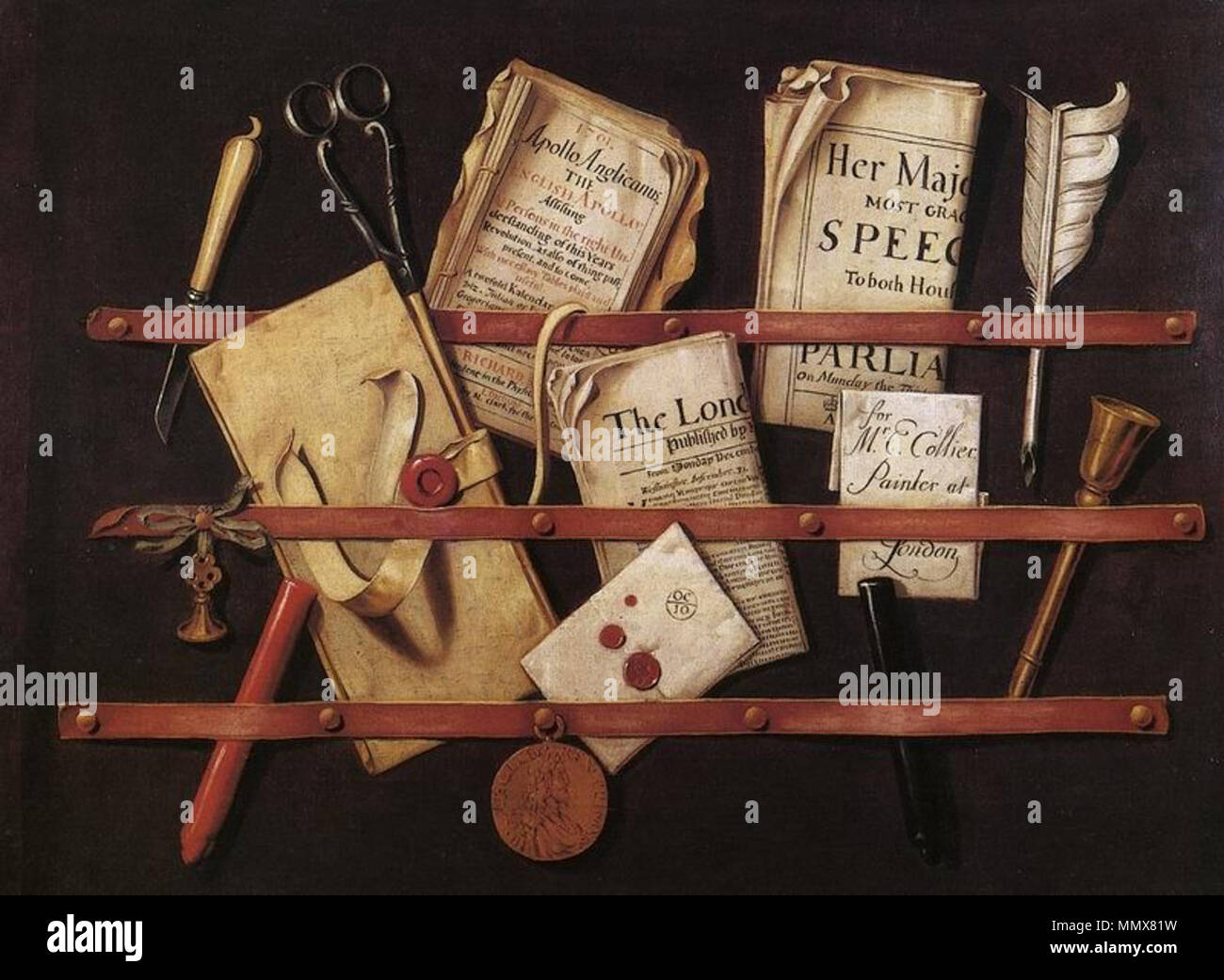 . Trompe l'oeil Trompe-l'oeil mit Materialien Schreiben. ca. 1699. Edward Collier's Trompe-l'oeil-Malerei Stockfoto