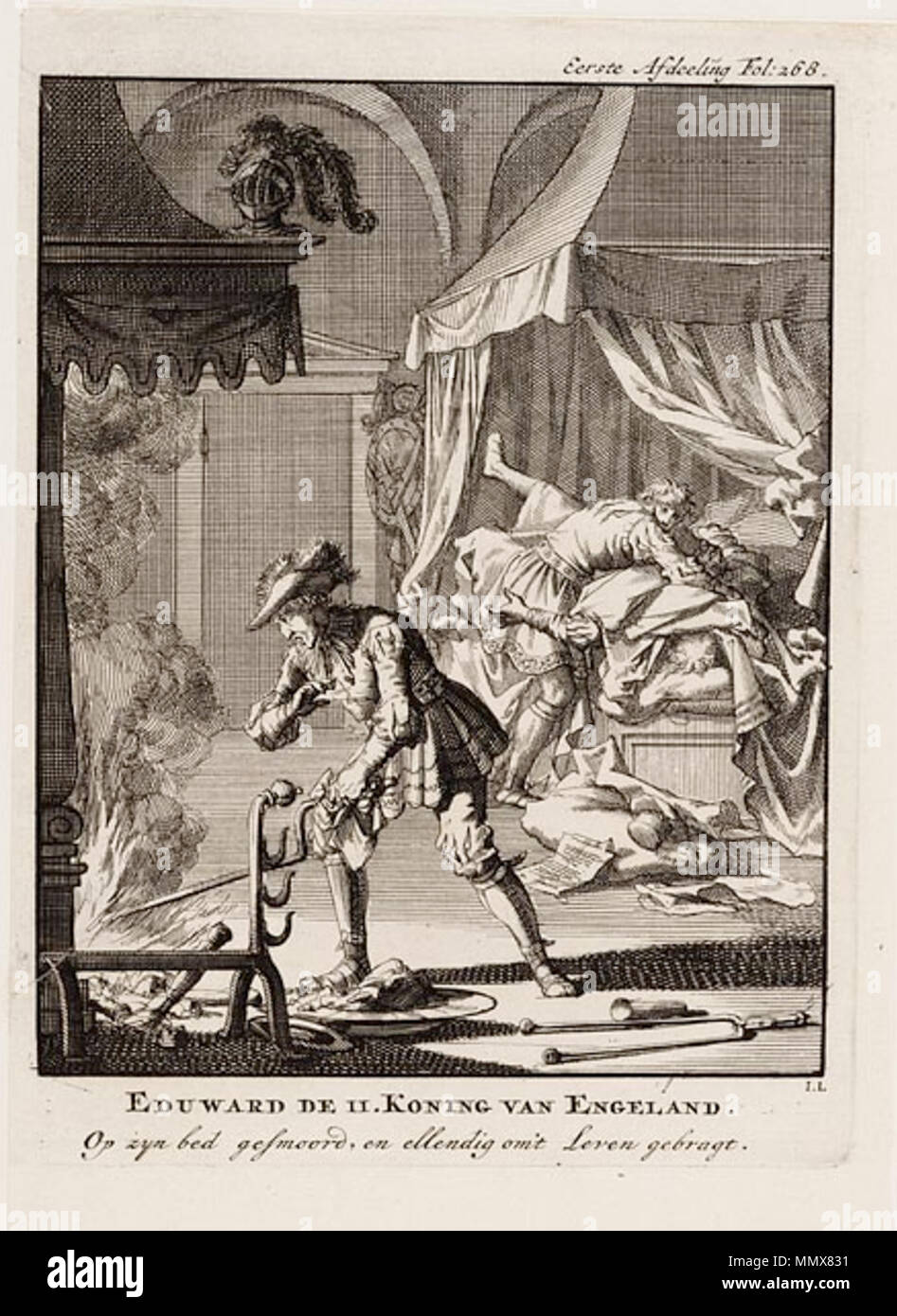 . Englisch: Eduward II. Koning van Engeland, Radierung von Jan Luyken. Edward II Ermordung Radierung von Luyken. Stockfoto