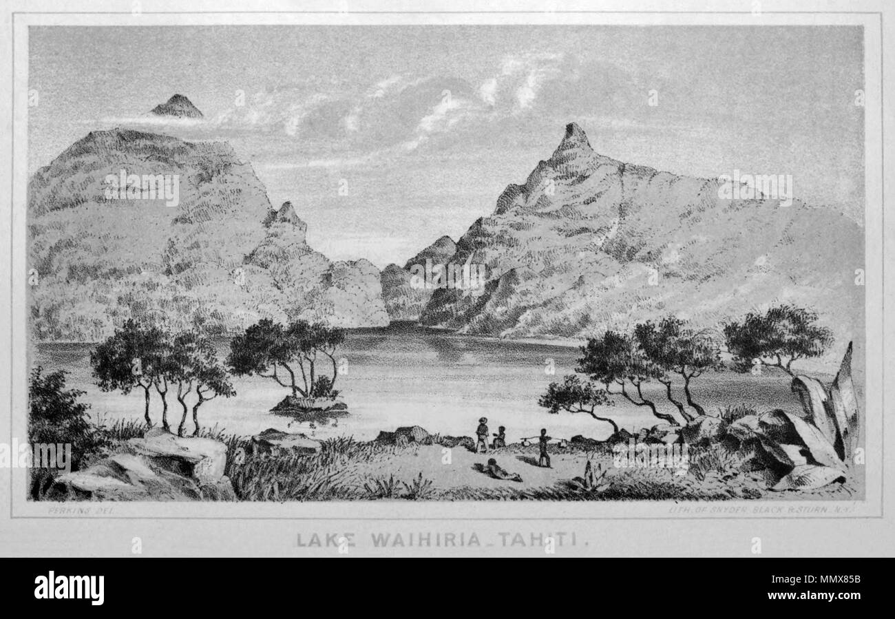 . Englisch: See Waihiria, Tahiti. . 1854. Edward T. Perkins, artist Lithographie von Snyder, Schwarz & Sturn, New York Edward T. Perkins, See Waihiria, Tahiti, 1854 Stockfoto