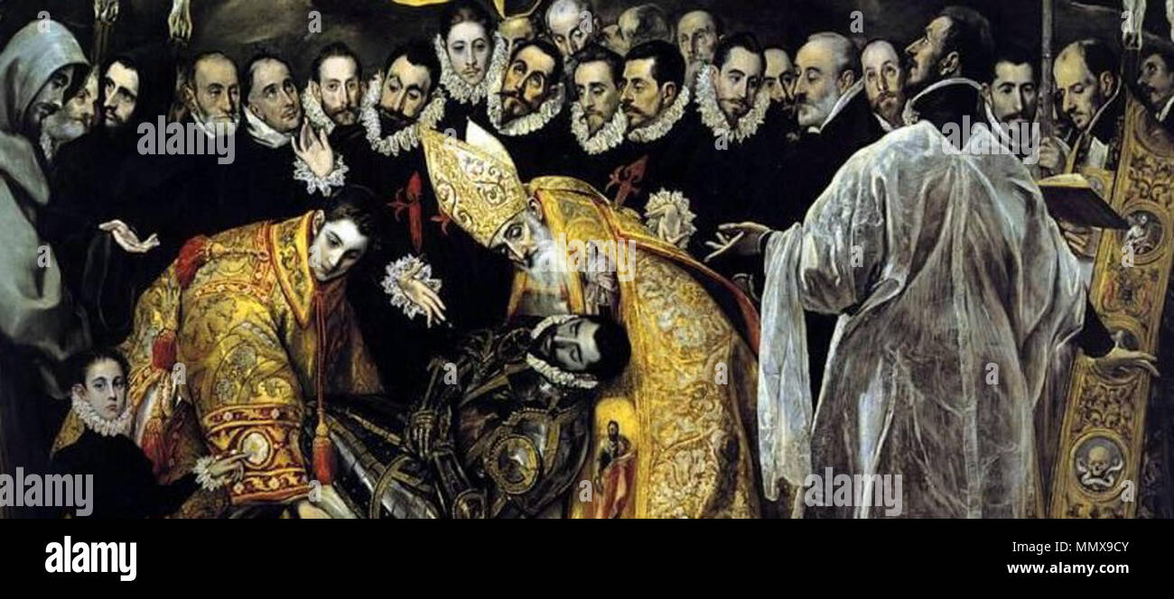 . Español: El entierro del Señor de Orgaz, más conocido como El entierro del Conde de Orgaz, es un-óleo sobre lienzo Pintado en Estilo manierista Por El Greco entre Los años 1586 y 1588. Fue realizado para la Iglesia de Santo Tomé de Toledo, (España), donde Aun considerada permanece, y es una de las las mejores Obras de su Autor. El Cuadro Vertreter El Milagro en el Que, según La Tradición, San Esteban y San Agustín de Hipona bajaron Del Cielo para personalmente enterrar a Gonzalo Ruiz de Toledo, Señor de la Villa de Mora y fallecido en 1323, en la Iglesia de Santo Tomé, como Premio por Su Stockfoto