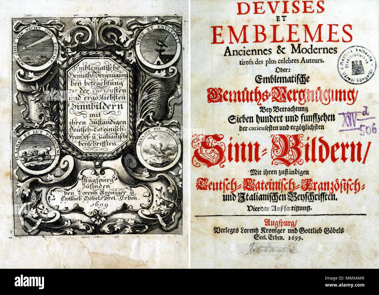 . Deutsch: "Emblematische Gemüths-Vergnügung", eine Sammlung von Wappen, in Augsburg, Deutschland bearbeitet, 1699. Titel Seiten. English:.'', eine emblematische Gemüths-Vergnügung Emblem-Enzyklopädie, erschienen in Augsburg 1699. Titelseiten. . 1699. Anonyme Embleme Augsburg 1699 Titel Stockfoto