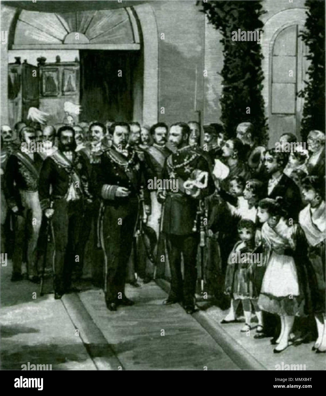 . Português: Encontro de Alfonso XII de Espanha e Luís I de Portugal, na Estação de Valência de Alcântara, para a inauguração da linha ferroviária directa entre Madrid e a fronteira Portuguesa. Esta ilustração Foi originalmente publicada na Revista "La Ilustración Española e Americana", de 22 de Outubro de 1881. Englisch: Sitzung des Monarchen Alfonso XII Spaniens und Luis ich de Portugal im Valencia de Alcántara Station, die für die Aufnahme von direkten Bahnstrecke zwischen Madrid und der portugiesischen Grenze. Diese Abbildung wurde ursprünglich in der Zeitschrift "La Ilustración Española e Amerikanischer veröffentlicht. Stockfoto