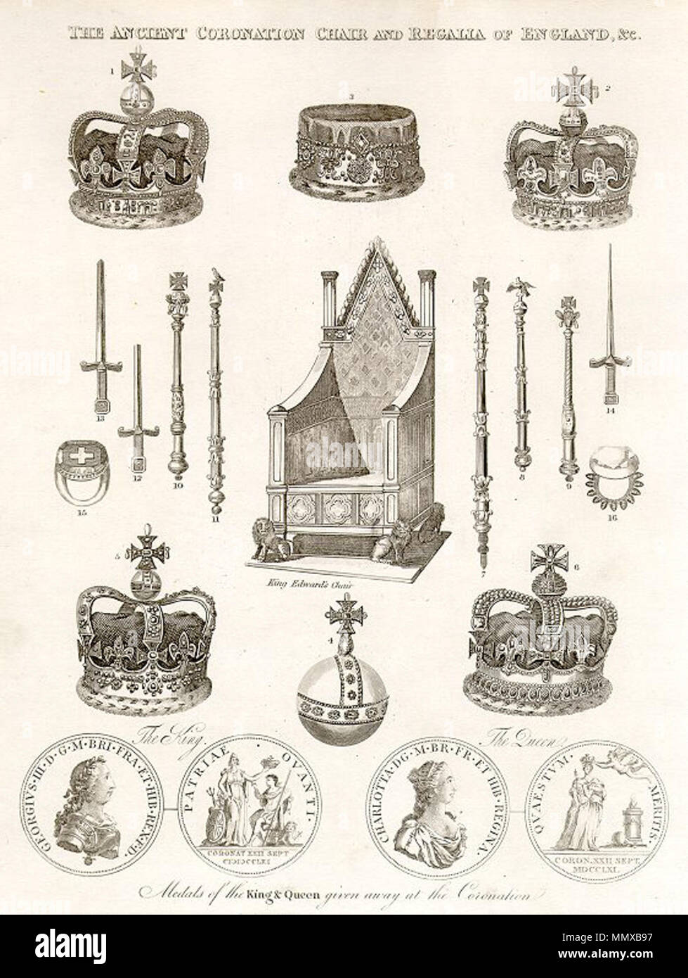 . Englisch: Die alten Krönung Stuhl und Regalia von England &c. Kupferstich. Stahlstich. Größe 18 x 24 cm. Eine andere Quelle besagt, dass diese Platte IV eines treuen Berücksichtigung der Prozession und der Könige und Königinnen von England; durch ihre heiligsten Majestäten König George die Dritte und Königin Charlotte: Mit all den anderen interessanten Verfahren mit diesem großartigen Festival verbunden. Von Richard Thomson bearbeitet werden. London, 1820. Index der Krönung Posten 1: en: Imperial State Crown 2: Maria von Modena Diadem 3: 4: Eine der vier Schwerter getragen werden Stockfoto