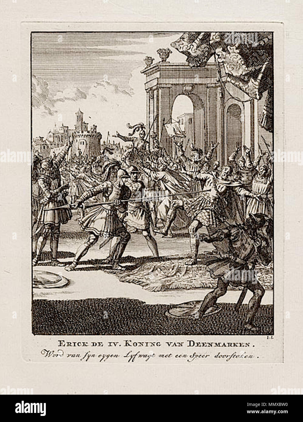 . Englisch: Erick de IV. Koning van Deenmarken, Radierung von Jan Luyken. Eric IV König von Dänemark Ermordung Stockfoto