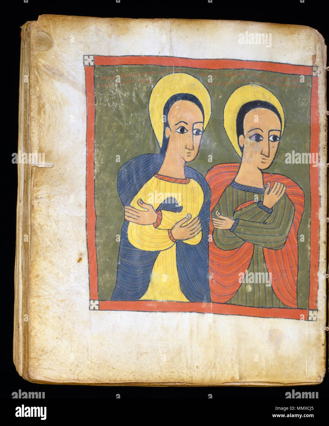 W. 850.196 V Anonym (Äthiopien). 'Mary und John bei der Kreuzigung", Anfang bis Mitte des 16. Jahrhunderts. Tempera und Tusche auf Pergament. Walters Art Museum (W. 850.196 V): Museum Erwerb mit Mitteln des W. Alton Jones Foundation Erwerb Fund, 1998 zur Verfügung gestellt. Äthiopisch-Blatt von Gunda Gunde Evangelien - Walters W 850196 V-geöffnet, Stockfoto