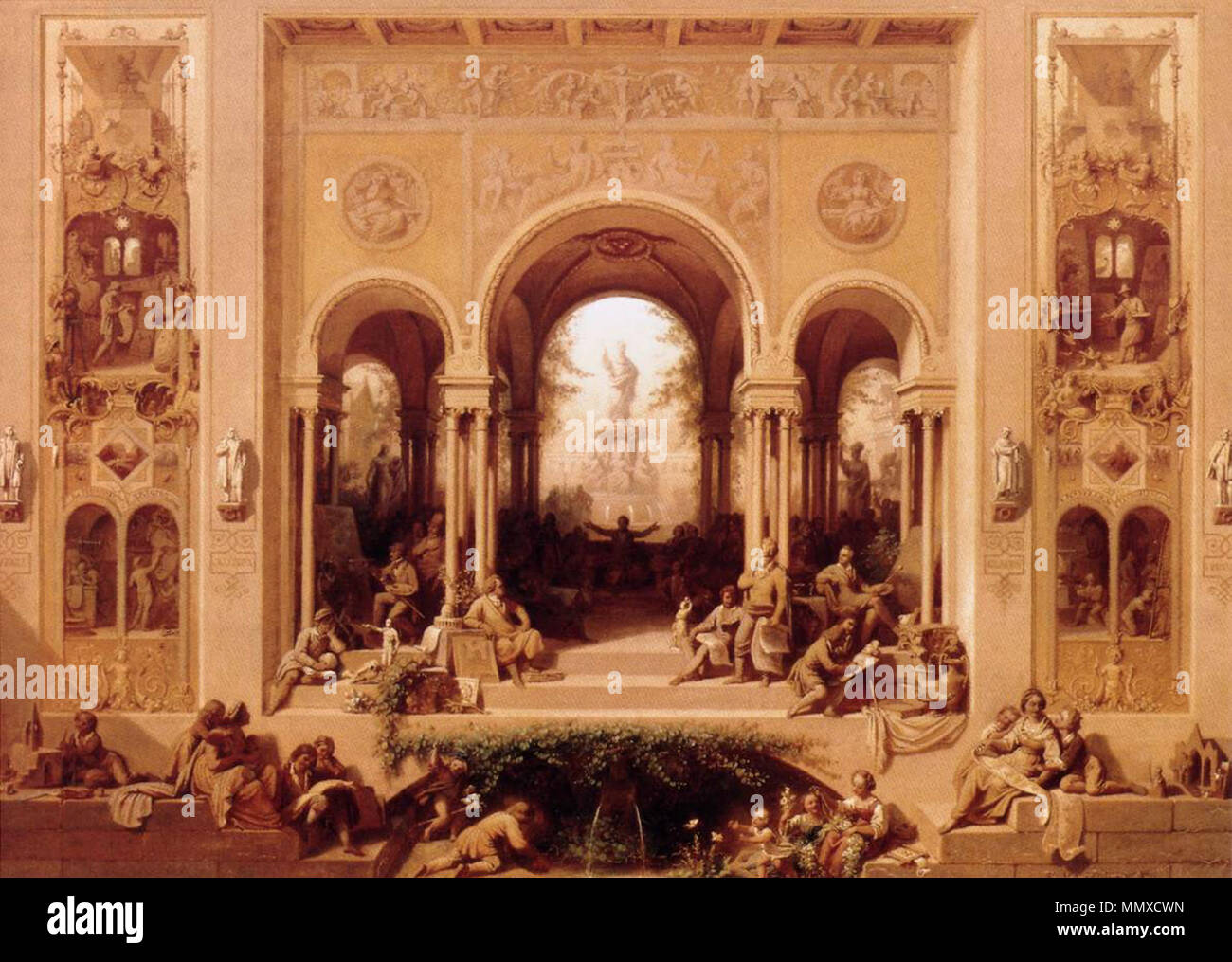 Englisch: Die Künste gedeihen in München English: "Peter von Cornelius unter-Kunstgenossen. Außer Cornelius bemerkt Mann mit dem Foto Klenze, Gärtner, Milbertshofen, Rottmann, Peter Hess und Kaulbach (laut Katalog 1895. 1861. Eugen Neureuther - Die Künste gedeihen in München - WGA 16535 Stockfoto