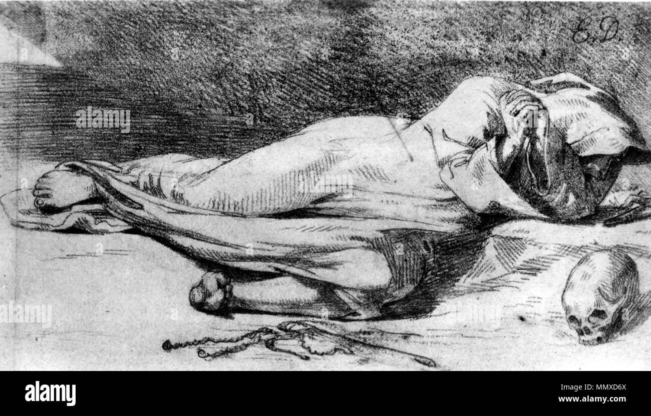 37.1291 Ferdinand-Victor - Eugène Delacroix (Französisch, 1798-1863). "Monk im Gebet", 1821 Graphit auf dünn, glatt, beige webte Papier. Walters Art Museum (37.1291): von William T. Walters, 1865 erworben. Eugène Delacroix - Mönch im Gebet - Walters 371291 Stockfoto