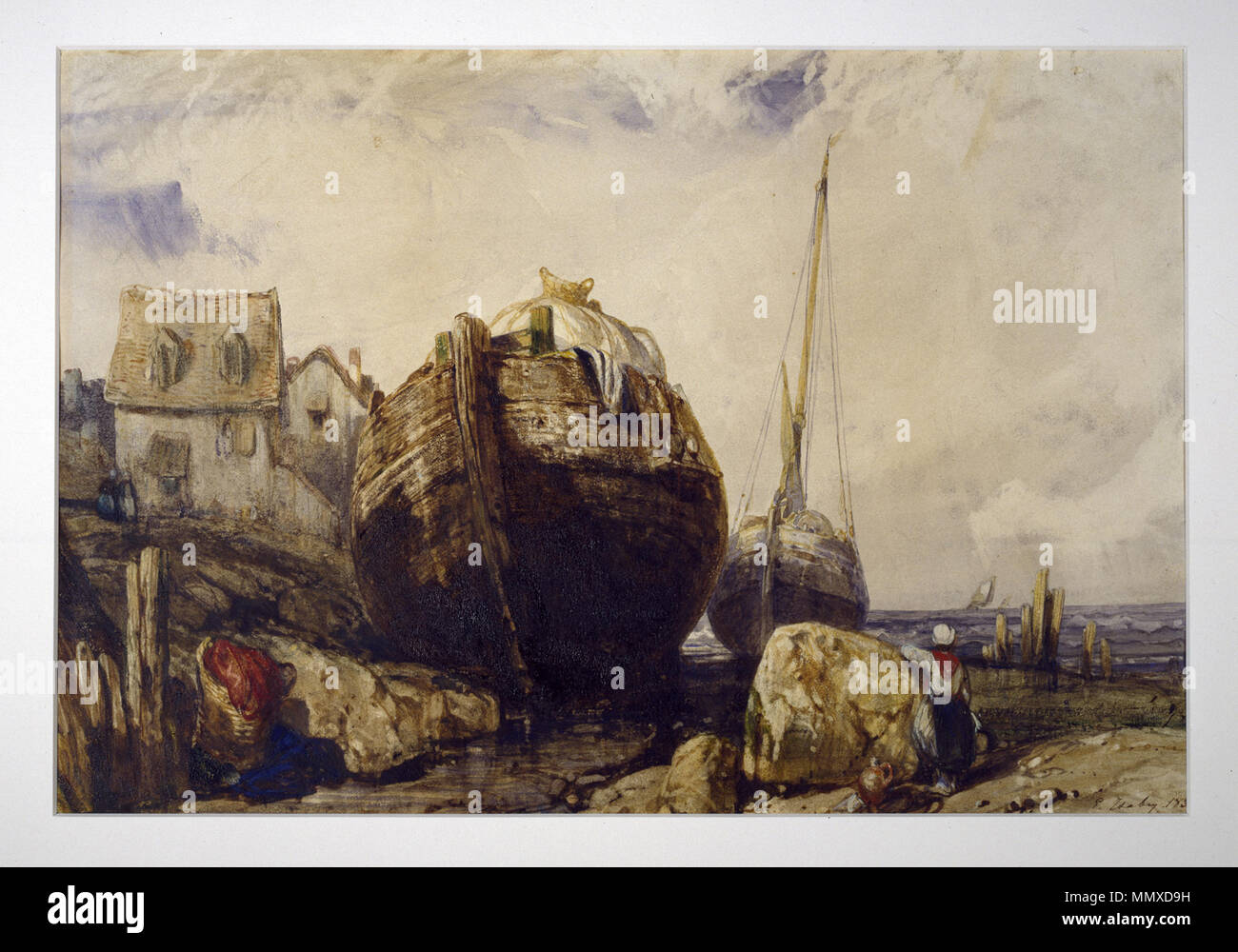 37.889 Eugène Isabey (Französisch, 1803-1886). "Fischerboote", 1836. Aquarell und Graphit underdrawing mit umfangreichen Gummi Zuspitzung auf mäßig dick, mäßig strukturierten webte Papier. Walters Art Museum (37.889): Erworben durch William T. Walters, vor 1884. Eugène Isabey - Angeln Boote - Walters 37889 Stockfoto