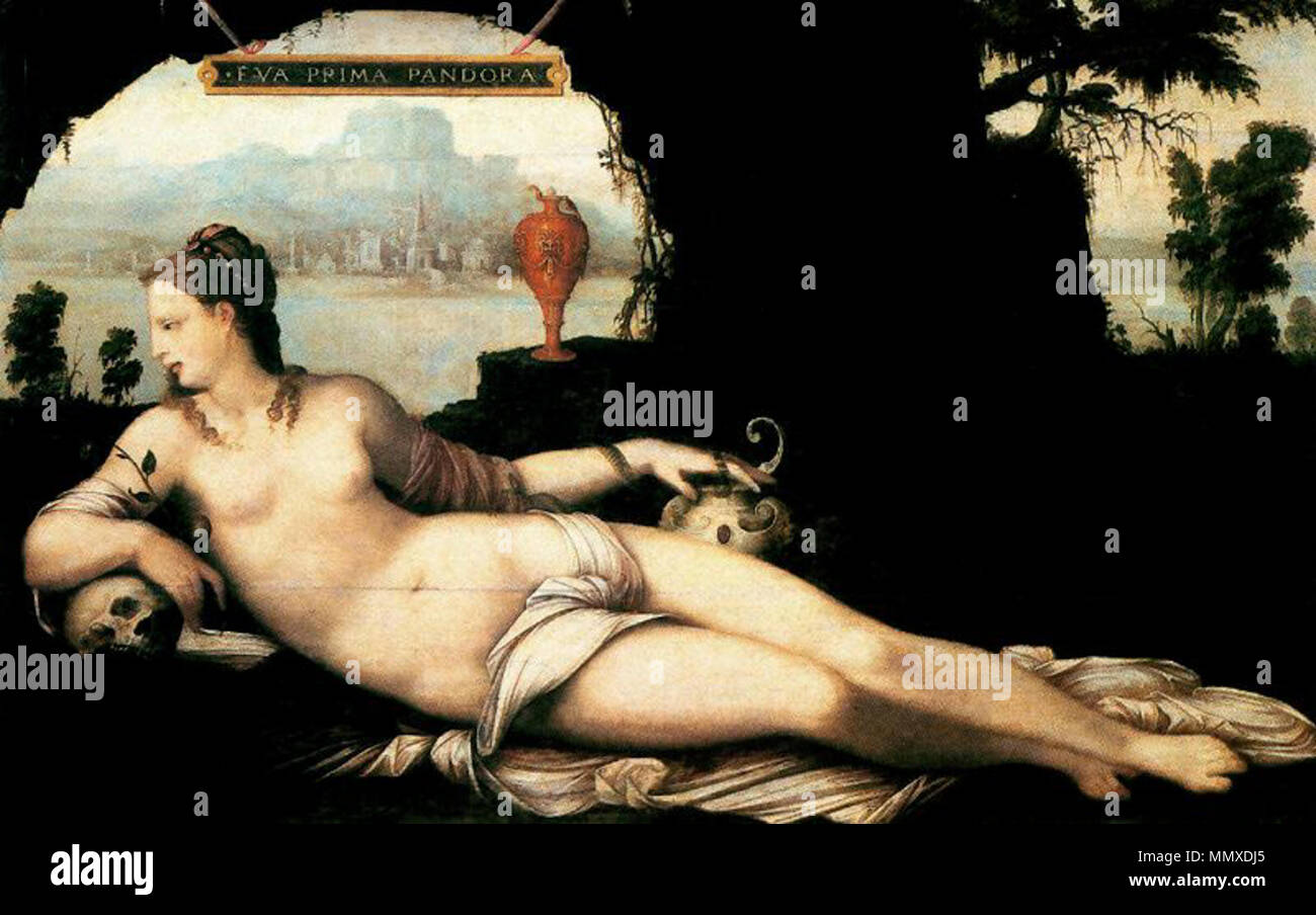 . Español: Renacimiento-Manierismo, Mitología y Alegoría Tabla. 98 x 150 cm. Museo del Louvre. París. Francia. . 16. Jahrhundert. Jean Cousin el Viejo Eva prima Pandora Stockfoto