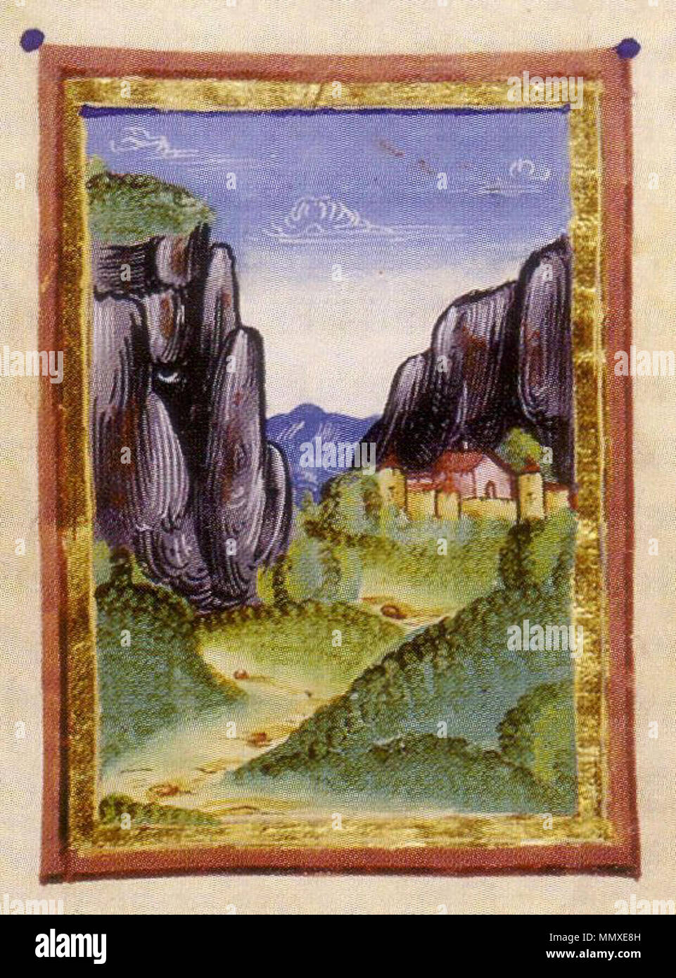 . English: Landschaft mit dem Sinai und dem Katharinenkloster. Miniatur in Pergament (Nürnberg um 1508/08), eingeklebt in der Abschrift von Felix Fabri: Evagatorium von der Hand Hartmann Schedels, Bayerische Staatsbibliothek Clm 189, Bl. 55r Quelle: 50 Jahre Sammler und Mäzen, Schweinfurt 2001, S. 253 Русский: Вид на Синай и монастырь. Миниатюра 1508 г. Из путеводителя для паломников доминиканского монаха Феликса Фабера. 1508. Fabri sinai Schedel (Detail) Stockfoto