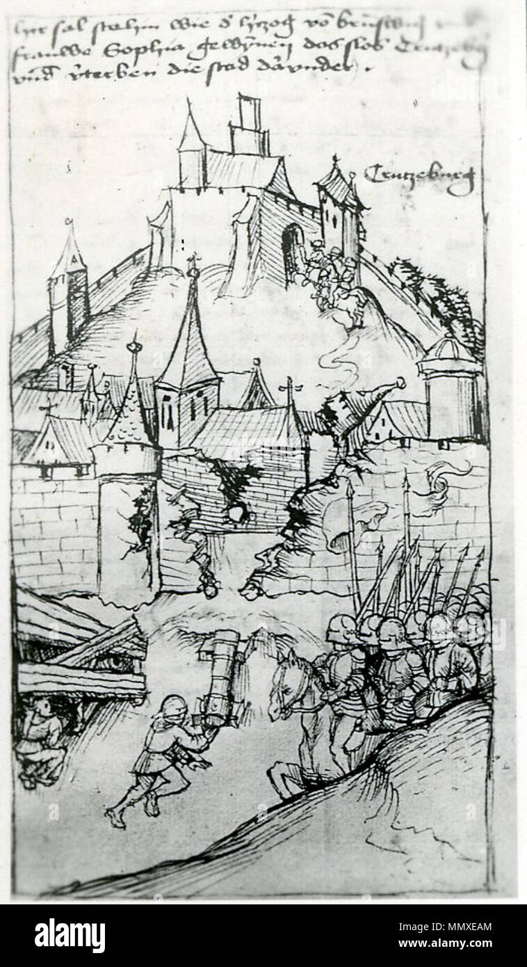 Faksimile von WIEGAND GERSTENBERGs Landeschronik von Thüringen und Hessen bis 1247, Belagerung und Einnahme der Stadt und Burg Creuzburg in der Landgrafschaft Thüringen durch Sophias Truppen Stockfoto