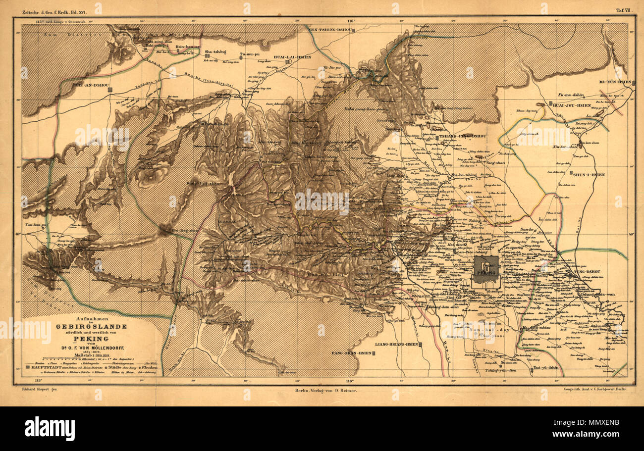 . Русский: Данная карта, Отто фон составленная Францем Мёллендорфом (1848-1903 гг.), выпущена была в качестве одного из двух приложений к статье Мёллендорфа, написанной им в 1881 году для журнала, издаваемого Немецким географическим обществом. Мёллендорф зоологом и был сотрудником консульства Германии. Его особенно интересовали животные северного Китая и Центральной Азии. При составлении данной подробной Карты, которая значительно расширила картографические знания о данном регионе, он уже использовал некоторые существующие - Карты в частности, Карты Адмиралтейства Великобритании, русского гео Stockfoto