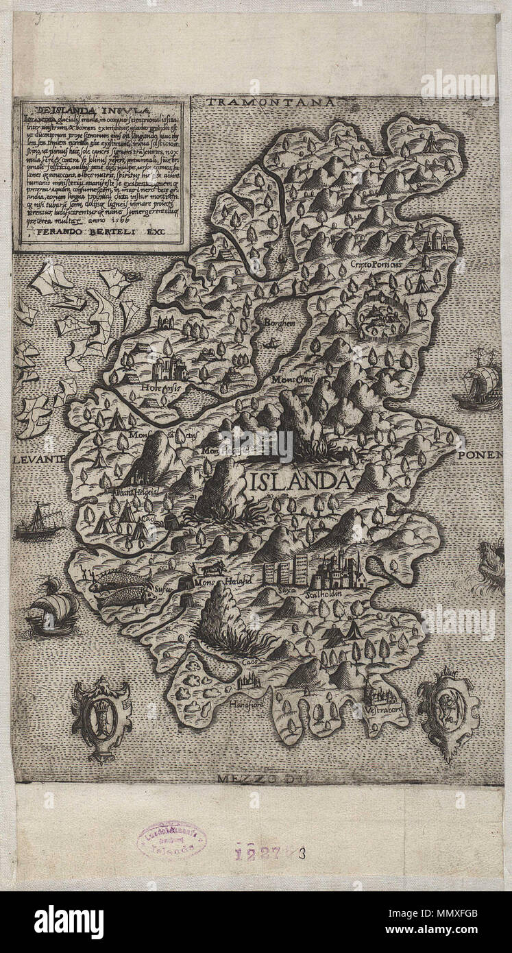 . Français: Carte de l'Islande par Fernando Bertelli en 1566. . 1566. Fernando Bertelli Fernando Bertelli-de Islanda Insvla - 1566 Stockfoto