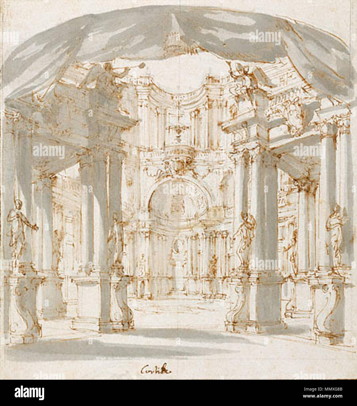 . Englisch: einen vorläufigen Satz Design von Filippo Juvarra für Antonio Caldara oper Tito e Premiere Berenice (Rom, 1714). 1713. Filippo Juvarra (1678-1736) Filippo Juvarra, den Innenhof eines Palastes, Projekt für eine Bühne Stockfoto