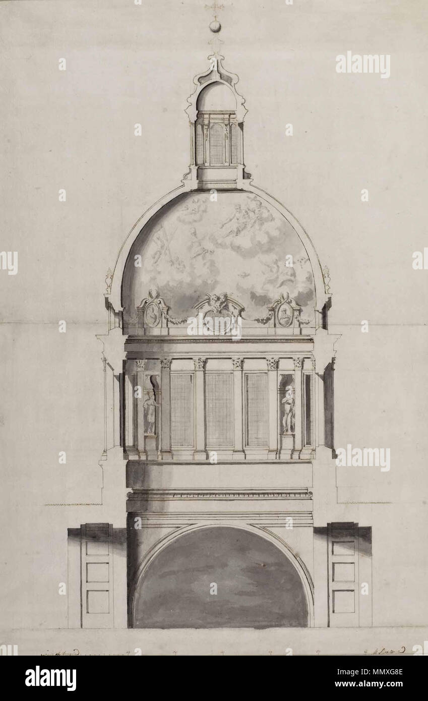 . English: Schnitt durch die Kuppel von Sant'Andrea in Mantua; unten mit Originalbeschriftung: Cala di Braccia... di Mantova", in der Kuppelinnenseite Fresko: Glorie des Hl. Andreas mit Andreas-Kreuz, Feder/Tusche, grau laviert, Ca. 71 x 47 cm. ca. 1733 Werkstatt von Filippo Juvarra (1678-1736) Filippo Juvarra (Workshop) Kuppel von Sant'Andrea in Mantua Stockfoto