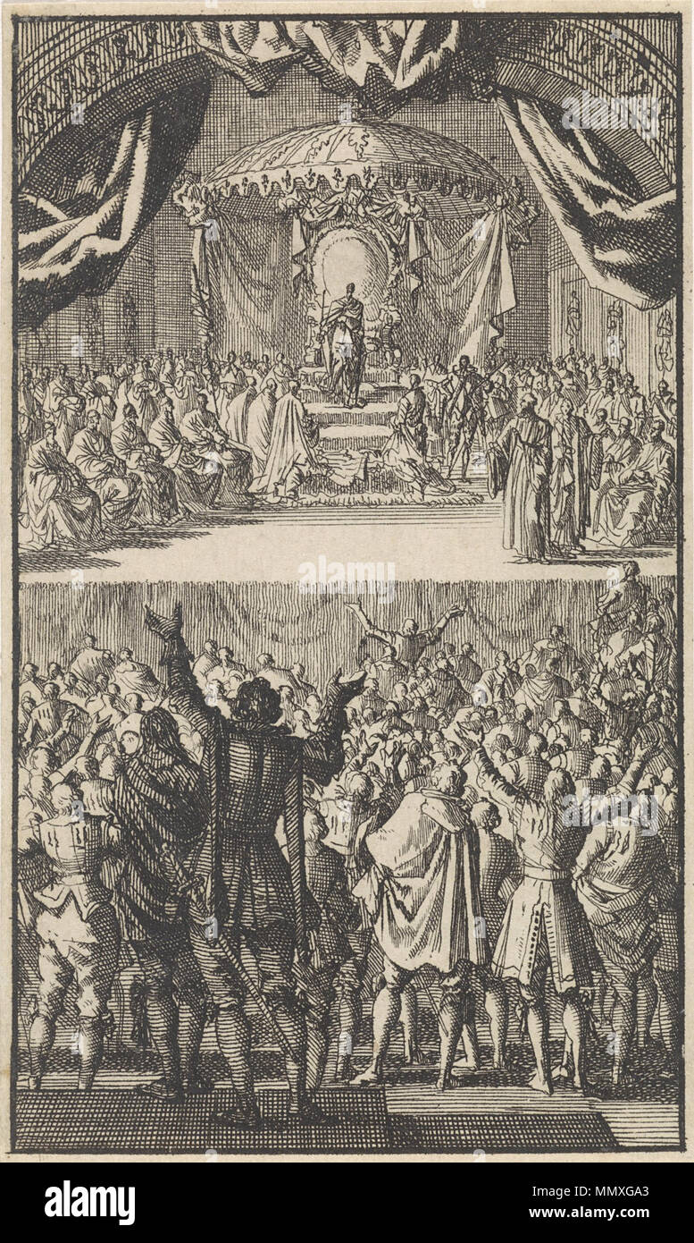 . Englisch: Philipp II. von Spanien als König von Portugal anerkannt, wie Philippus I, von den portugiesischen Cortes von Tomar in 1581. Português: Filipe II de Espanha é reconhecido como Rei de Portugal, enquanto D. Filipe I, pelas Cortes de Tomar reunidas em 1581. Filips II wordt tot Koning van Portugal gekroond, 1581 - Jan Luyken. Stockfoto