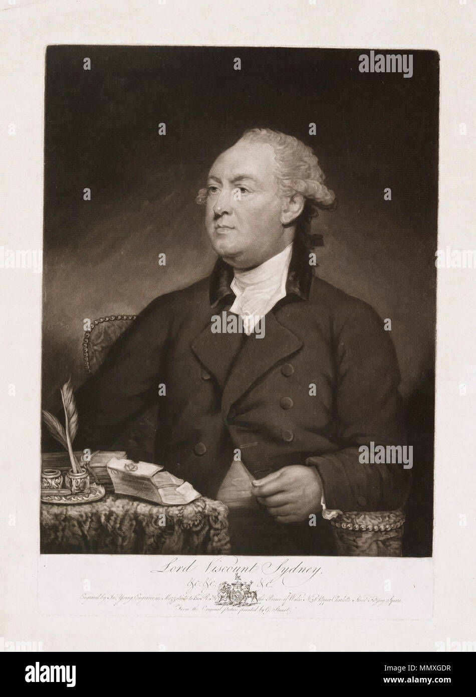 . Schabkunst von Thomas Townshend, 1. Viscount Sydney (1732-1800) Nach einem Portrait von Gilbert Stuart. Die sitter in halber dargestellt ist - Länge, in einem gepolsterten Sessel, verziert mit kleinen Nägeln sitzt, sein Körper ist fast voll - Front mit dem Kopf und Augen drehte sich drei Viertel der Linken. Er trägt einen dunklen Mantel mit Kragen aus Samt, seinen Mantel über der Brust geknöpft, aber unten geöffnet und zeigt eine Weste. Sein Vorrat und Shirt Rüschen sind von weißen Musselin und seine Perücke oder Haar ist gepudert. Sein Gesicht ist plump und seinen Teint "beefy", zum Ausdruck zu bringen seelische und körperliche Aktivität mit Stockfoto