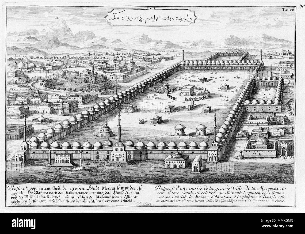 . Englisch: Illustration von "Entwurff einer historischen Architectur" (Projekt einer historischen Architektur). Teilansicht von Mekka. English: Illustration aus "Entwurff einer historischen Architectur". Teilansicht von Mekka. . 1721. Johann Bernhard Fischer von Erlach (1656-1723) Alternative Namen Fischer, Johann Bernhard (bis 1696) Beschreibung österreichischen Architekten und Bildhauer Geburtsdatum / Tod 20. Juli 1656 5. April 1723 Ort der Geburt / Todes Graz Wien Arbeit Standort Salzburg, Wien Behörde: Q 84305 100183205 ISNI VIAF:?:? 0000 0000 8346 1566 ULAN:? 500011889 LCCN:?n5000 Stockfoto