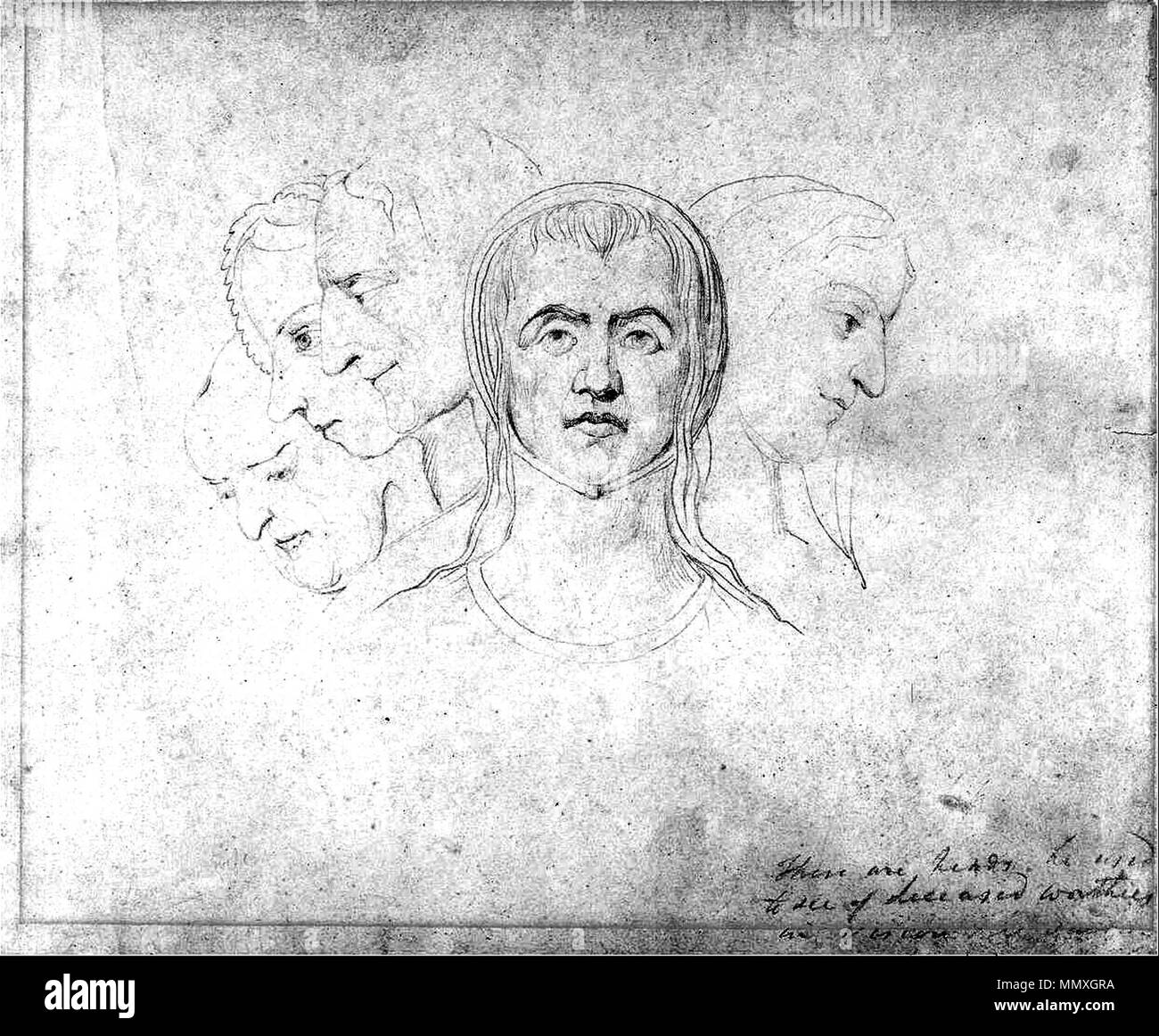 . Englisch: Fünf fantasievoll Heads (Köpfe der Frauen) 270 x 324 mm Yale Center für britische Kunst William Blake, 1757-1827, britischen Titel Fünf visionäre Köpfe der Frauen alternative Titel Fünf fantasievoll Heads (Köpfe der Frauen) von 1819 bis 1820 Mittlere Graphit auf medium Datum, mäßig strukturiertem, Creme webte Papier Maße: 10 5/8 x 12 3/4 Zoll (27 x 32,4 cm) Inschrift (s) / Marken / Schriftzug eingeschrieben in Graphit, unten rechts: "Diese sind die Leiter er von verstorbenen Glaubenshelden in der Vision [...]'; in Graphit, verso eingeschrieben, unten rechts: "[...] Guiness' Kreditlinie Yale Center für britische Kunst, Paul Mell Stockfoto