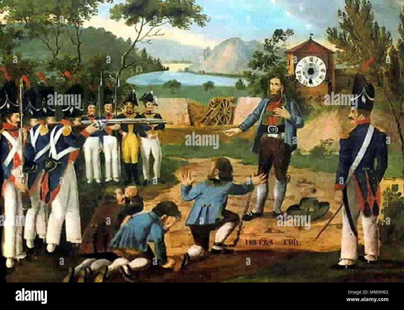 Deutsch: 20. Februar 1810: Die erschießung von Andreas Hofer in Mantua Zeitgenössisches Grafik (Bilderuhr), beschriftet "HOFERS TOD" Englisch: 20. Februar 1810: Die Dreharbeiten von Andreas Hofer in Mantua zeitgenössische Malerei (Bild), Inschrift: "HOFERS TOD" (Hofer's Tod). ca. 1810. 20 02 1810 - sterben - erschiessung-von-Andreas-hofer-in-Mantua 1. Stockfoto