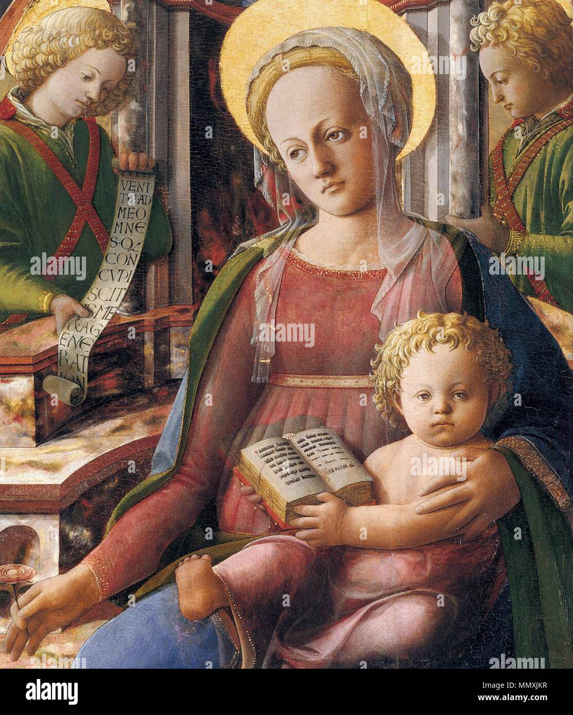 Madonna mit Kind auf dem Thron mit zwei Engeln (Detail). ca. 1437. Fra Filippo Lippi - Madonna mit Kind auf dem Thron mit zwei Engeln (Detail) - WGA 13176 Stockfoto