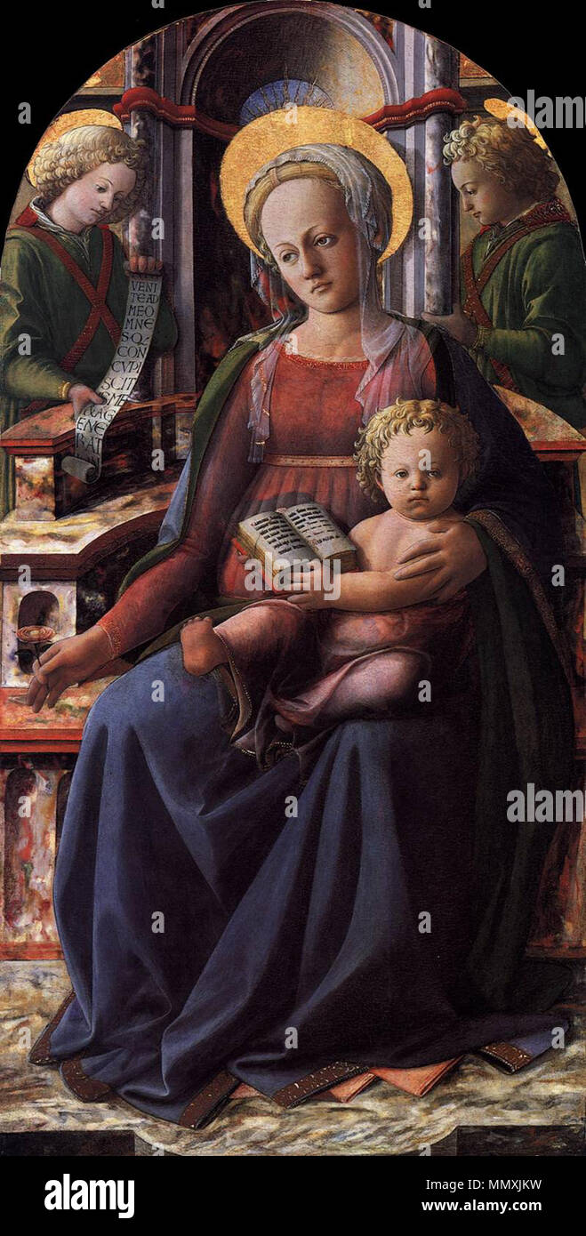 Madonna mit Kind und zwei Engel thront. ca. 1437. Fra Filippo Lippi - Madonna mit Kind auf dem Thron mit zwei Engel - WGA 13175 Stockfoto