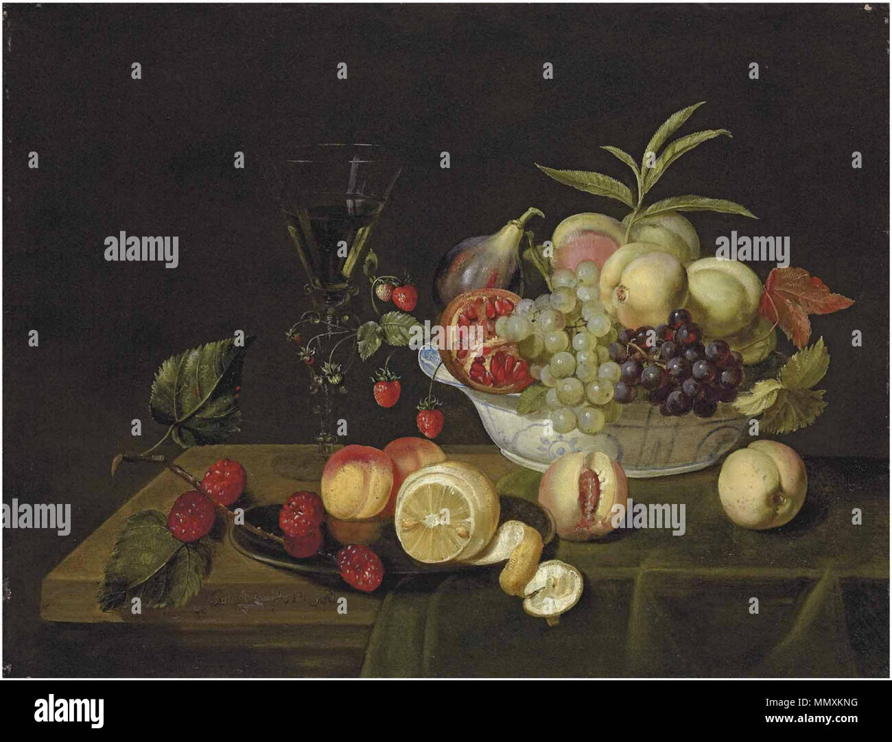 Englisch: Trauben, Pfirsiche, ein Bild und eine Leidenschaft Obst in einem wan-li Porzellan Schüssel, eine Hälfte - geschälte Zitrone auf einem Zinn Schüssel und eine FAÇON-de-Venise Wein Glas, auf eine teilweise - drapierte Holztisch. zwischen 1615 und 1692. Frans Ykens - Trauben, Pfirsiche, ein Bild und eine Leidenschaft Obst in einem wan-li Porzellan Schüssel Stockfoto