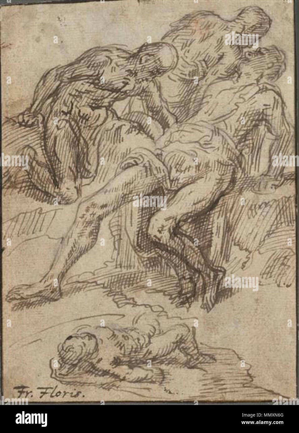 Drei männlichen Figuren und einem Kind auf dem Boden liegen. zwischen 1550 und 1575. Frans Floris - Drei männlichen Figuren und einem Kind auf dem Boden liegend Stockfoto Drei männlichen Figuren und einem Kind auf dem Boden liegen. zwischen 1550 und 1575. Frans Floris - Drei männlichen Figuren und einem Kind auf dem Boden liegend Stockfoto