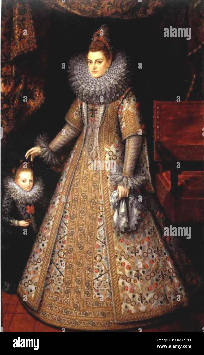 . Die sitter Hier war die Tochter von Philipp II. von Spanien, die 1599 ihren zweiten Cousin verheiratet, den Erzherzog Albert; die Paare, bekannt als "die Erzherzöge", ordnete die spanischen Niederlande als Vertreter der spanischen Krone, sondern mit der Kraft einer Dynastie es zu etablieren. Leider waren die Paare kinderlos und die Hoffnungen, die durch Ihre erleuchtete Regel erwies sich als unbegründet. Dieses Portrait wurde Anna von Dänemark (James ich Queen's) im Jahre 1603 durch den Botschafter der spanischen Niederlande, Charles de Ligne, fürstliche zählen Arenberg, zusammen mit einem (jetzt verloren) der Erzherzog Albert. Diese oc Stockfoto