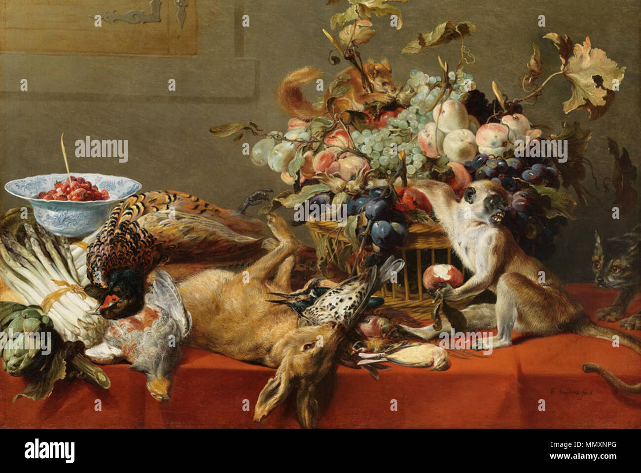 Frans Snyders (1579 - 1657), Stilleben mit Obst, Toten Spiel, Gemüse, ein Leben Affen, Eichhörnchen und Cat. Öl auf Leinwand Stockfoto