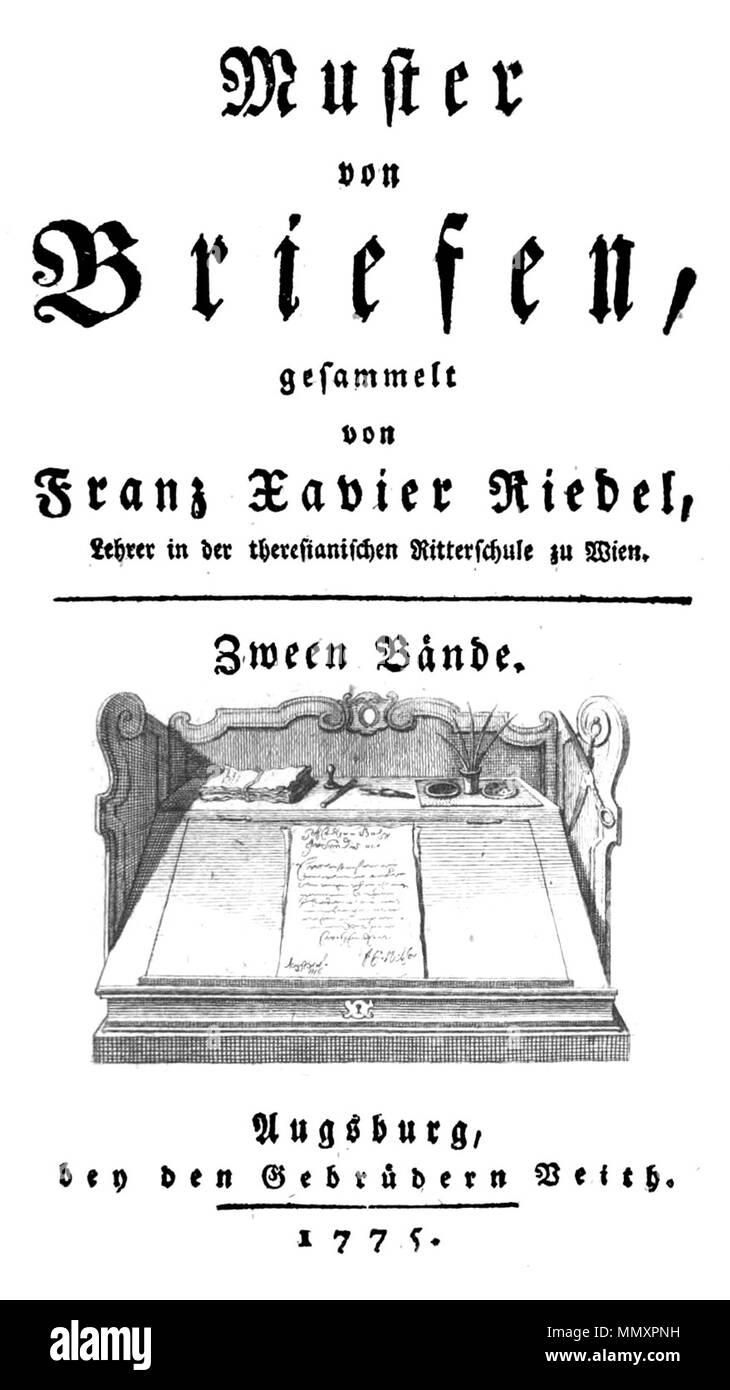 . English: Franz Xaver Riedel: Muster von Briefen, Augsburg 1775, Titelseite. 1775. Franz Xaver Riedel Franz Xaver Riedel Muster von Briefen (1775) Stockfoto