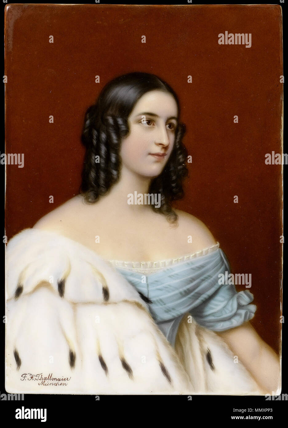 . Caroline Prinzessin von Oettingen-Oettingen und Wallerstein. von 1910. Franz Xaver Thallmaier (Fl. 1890 - 1910) Nach Joseph Karl Stieler (1781-1858) Alternative Namen Karl Joseph Stieler Beschreibung Deutsche Maler Geburtsdatum / Tod am 1. November 1781 9. April 1858 Ort der Geburt / Todes Mainz München Arbeit Lage Italien, München Authority control: Q 467658 VIAF:?:? ISNI 22405115 0000 0001 0653 3690 ULAN:?? n 500007725 LCCN: 84169565 WGA:? STIELER, Karl Joseph WorldCat Franz Xaver Thallmaier Porzellan portrait Plakette von Caroline von Oettingen Stockfoto