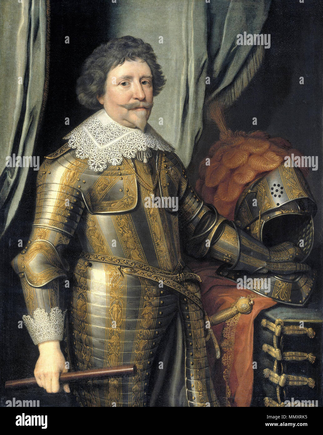. Teil einer Reihe von vier Porträts von Prinzen von Oranien auf halber Länge von der Admiralität von Rotterdam mit Ursprung (für die anderen drei siehe Datei: Workshop von Michiel Jansz. van Mierevelt 005.jpg, Datei: Schule von Michiel Jansz. van Mierevelt001.jpg und Datei: Workshop von Gerard van Honthorst001.jpg) Porträt von Friedrich Heinrich, Prinz von Oranien. Alternative Titel (s): Porträt von Frederik Hendrik (1584-1647), Prinz von Oranien.[1]. ca. 1632-1640. Frederik Hendrik von Michiel van Mierevelt Jansz Stockfoto