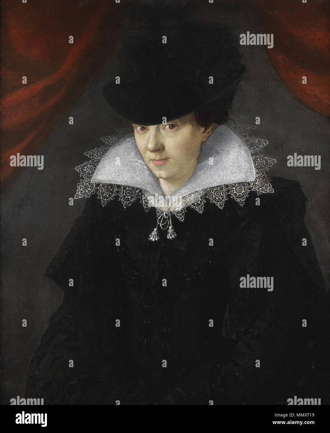Englisch: Bildnis einer Dame trägt einen schwarzen Hut mit Ostrich plumes  und ein Spitzenkragen, C. 1600. . Um 1600. Französische Schule Porträt  einer Dame in einem schwarzen Hut Stockfotografie - Alamy