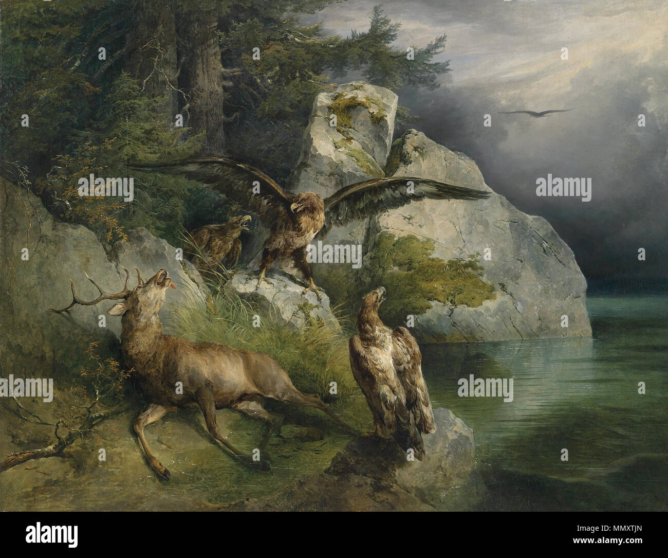 . Deutsch: Adler und sterbender Hirsch am Seeufer. 1836. Friedrich Gauermann (1862) Beschreibung österreichische Maler Geburtsdatum / Tod 10. September 1807 und 20. September 1807 vom 7. Juli 1862 Ort der Geburt / Todes Q 2233896 Wien Arbeit standort Österreich Authority control: Q 669760 VIAF:?:? ISNI 57409002 0000 0000 8239 6117 ULAN:?? n 500125953 LCCN: 88114404 GND:? 118689789 WorldCat Friedrich Gauermann Adler und sterbender Hirsch 1836 Stockfoto