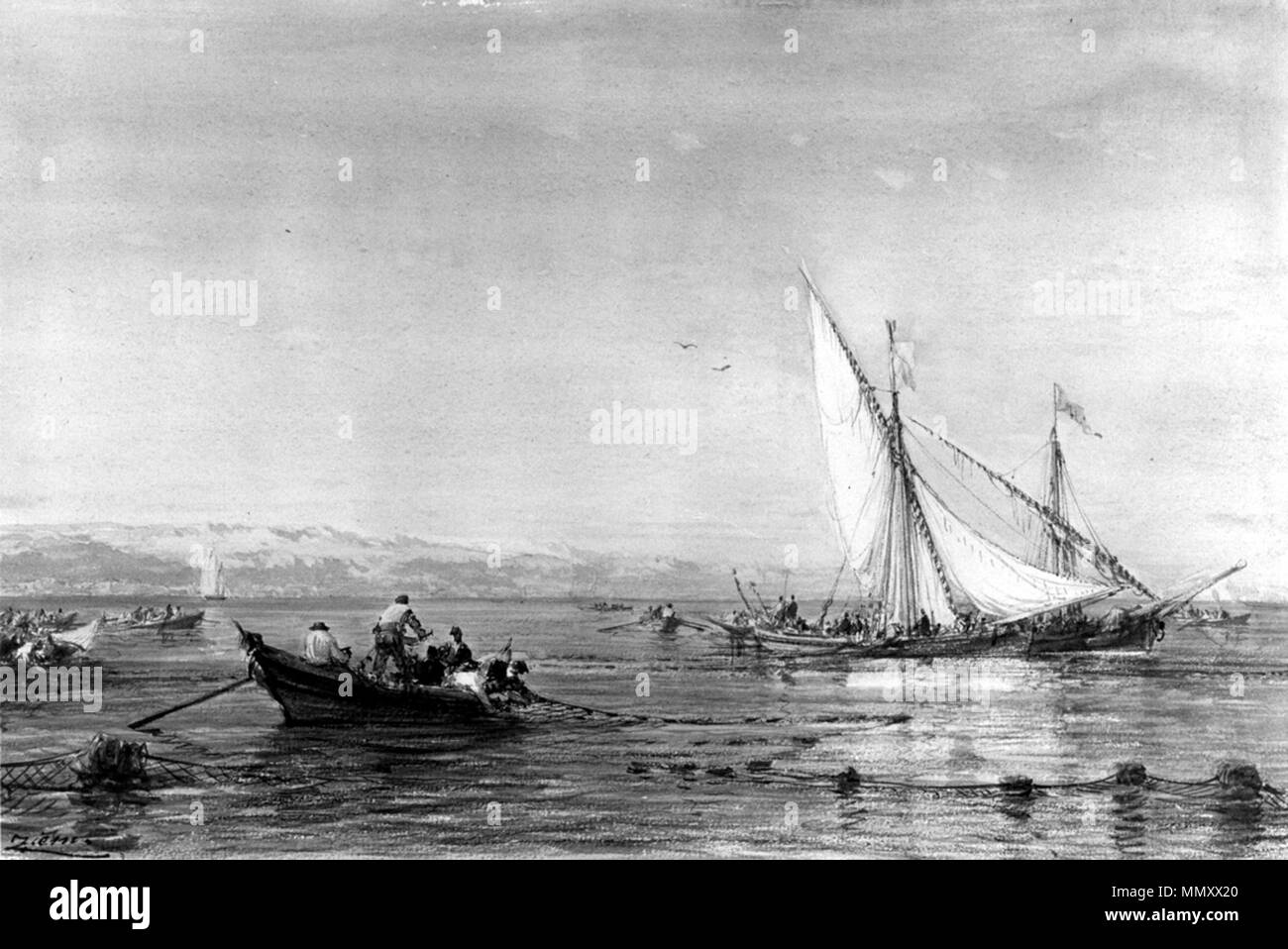 37.959 Félix François Georges Philibert Ziem (Französisch, 1821-1911). "Tunny Angeln, 'Ca. 1863?. Aquarell über Graphit underdrawing auf mäßig strukturiertem, mäßig dick, Creme webte Papier. Walters Art Museum (37.959): Im Auftrag von William T. Walters, 1863 (?). Félix François Georges Philibert Ziem-Tunny Angeln - Walters 37959 Stockfoto