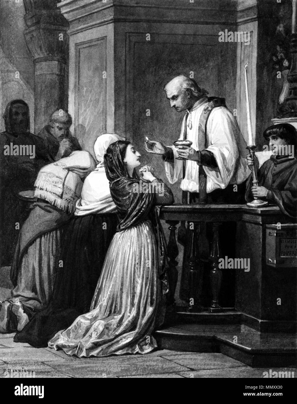 37.1343 Félix-Joseph Barrias (Französisch, 1822-1907). "Frau der Empfang der Eucharistie, 'Ca. 1840-1865. Aquarell mit Graphit underdrawing und Weiß gehöht auf Sahne, mäßig dick, stark strukturierten, webten Papier. Walters Art Museum (37.1343): von William T. Walters, 1865 erworben. Félix-Joseph Barrias - Frau der Empfang der Eucharistie - Walters 371343 Stockfoto