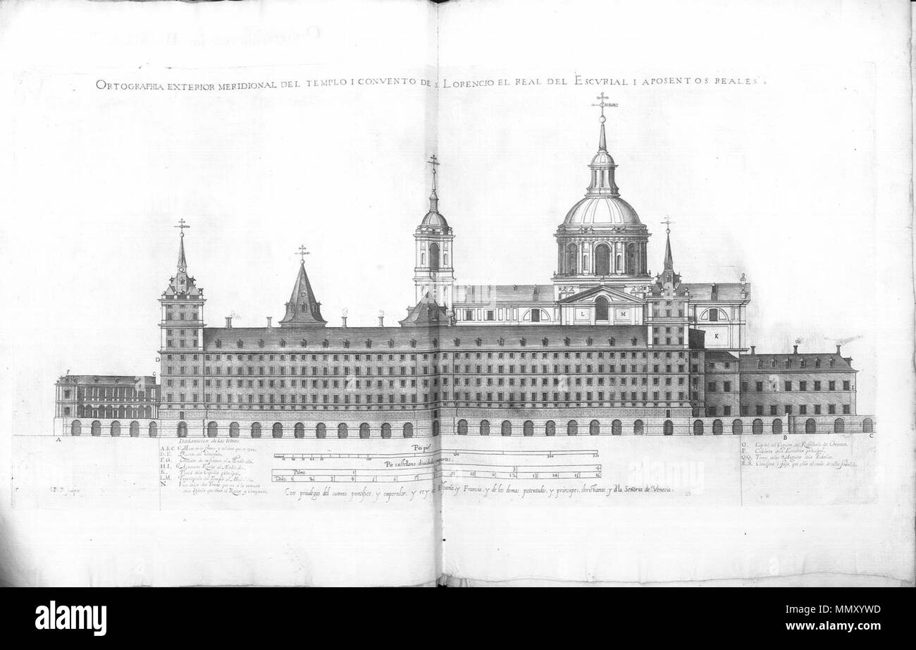 . Español: Diseños de Toda la Fàbrica De San Lorenzo el Real del Escurial (sic) con las declaraciones de las Letras, números y caracteres de cada Uno, Madrid, 1694, Universidad de Sevilla. . Zwischen 1589 und 1694. Juan de Herrera, Pedro Perret 754 grabado 13280 15. Stockfoto