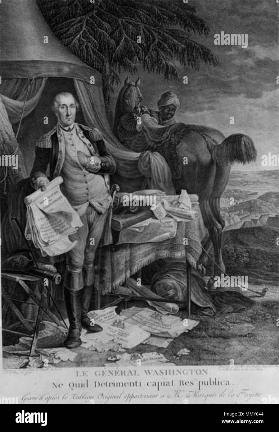 . Français: Le Général Washington ne quid Res publica detrimenti capiat-gravé d'Après le tableau Original appartenant a Herr Marquis de La Fayette/peint par L. Le Paon peintre de Bataille de S.A.S. Mgr. Le Prince de Condé; gravé par N. Le Mire des Académies Imperiales et Royales et de Celle des Sciences et Arts de Rouen. Englisch: George Washington hält die Erklärung der Unabhängigkeit und der Vertrag von Bündnis mit Frankreich. 1780 französischer Stich von Noël Le Mire. . 1780. Noël Lemire (1724 - 1801) Alternative Namen Noël Le Mire Noël Lemire Beschreibung französischer Designer und Kupferstecher D Stockfoto