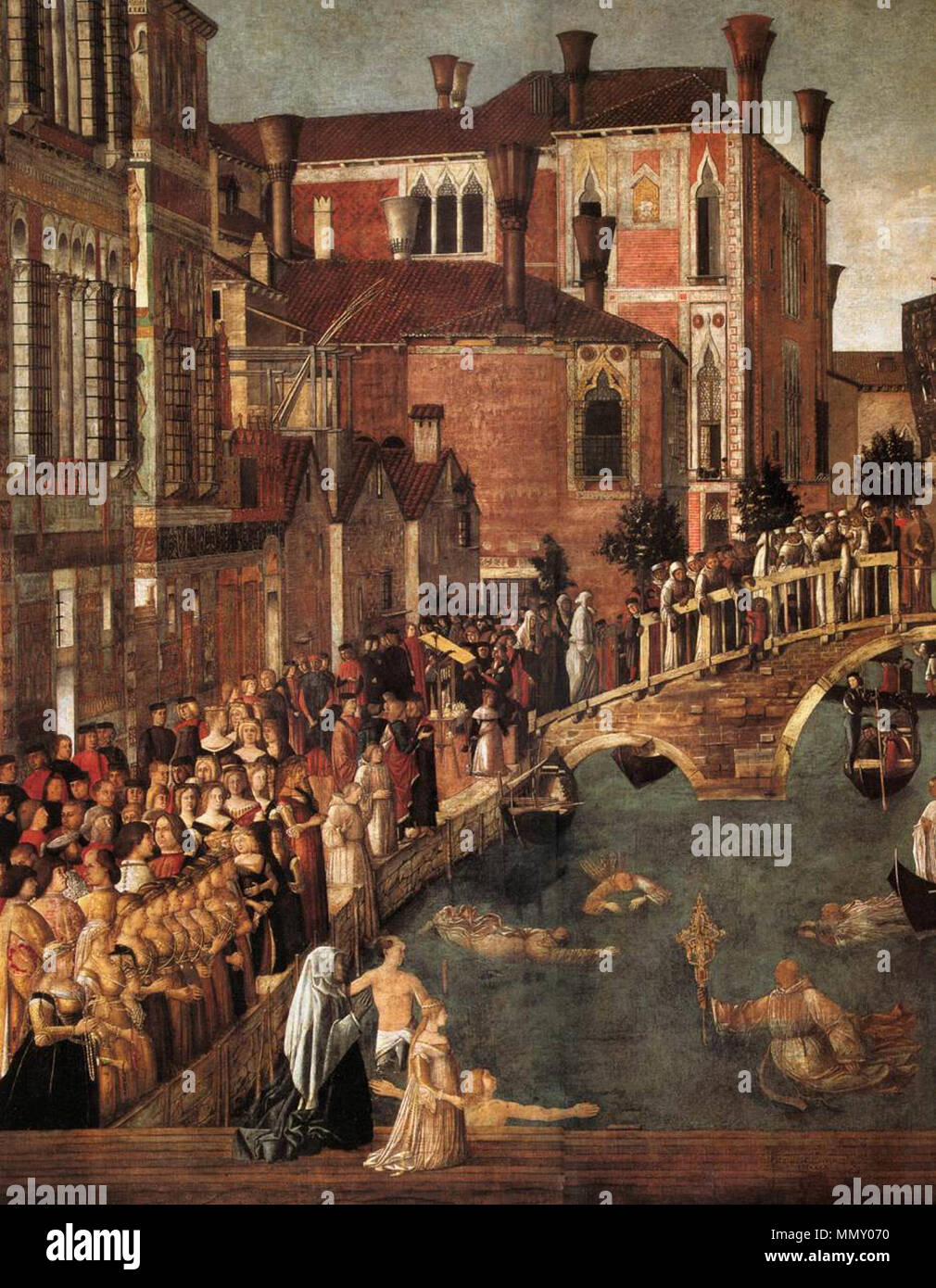 Englisch: Wunder des Kreuzes an der Brücke von San Lorenzo (Detail). 1500. Gentile Bellini, miracolo della Croce al Ponte di San Lorenzo, 02. Stockfoto