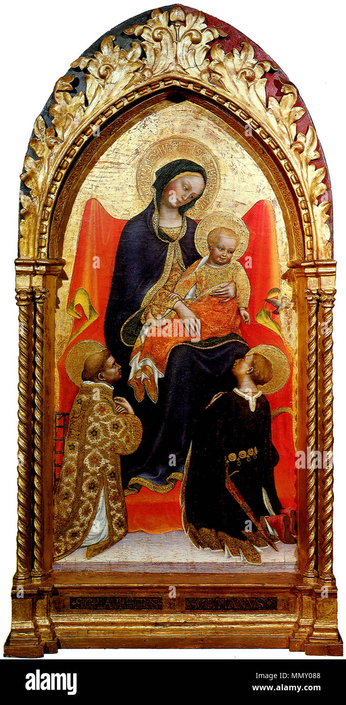 . Madonna mit Kind, St. Lorenz und St. Julian Tiglio Tempera auf Holz, 170 x 61 cm New York, Frick Collection Madonna mit Kind, mit den Heiligen Laurentius und Julian. zwischen ca. 1423 und ca. 1425. Gentile Da Fabriano, Madonna col bambino Tra i Santi Giuliano e Lorenzo, Washington Stockfoto