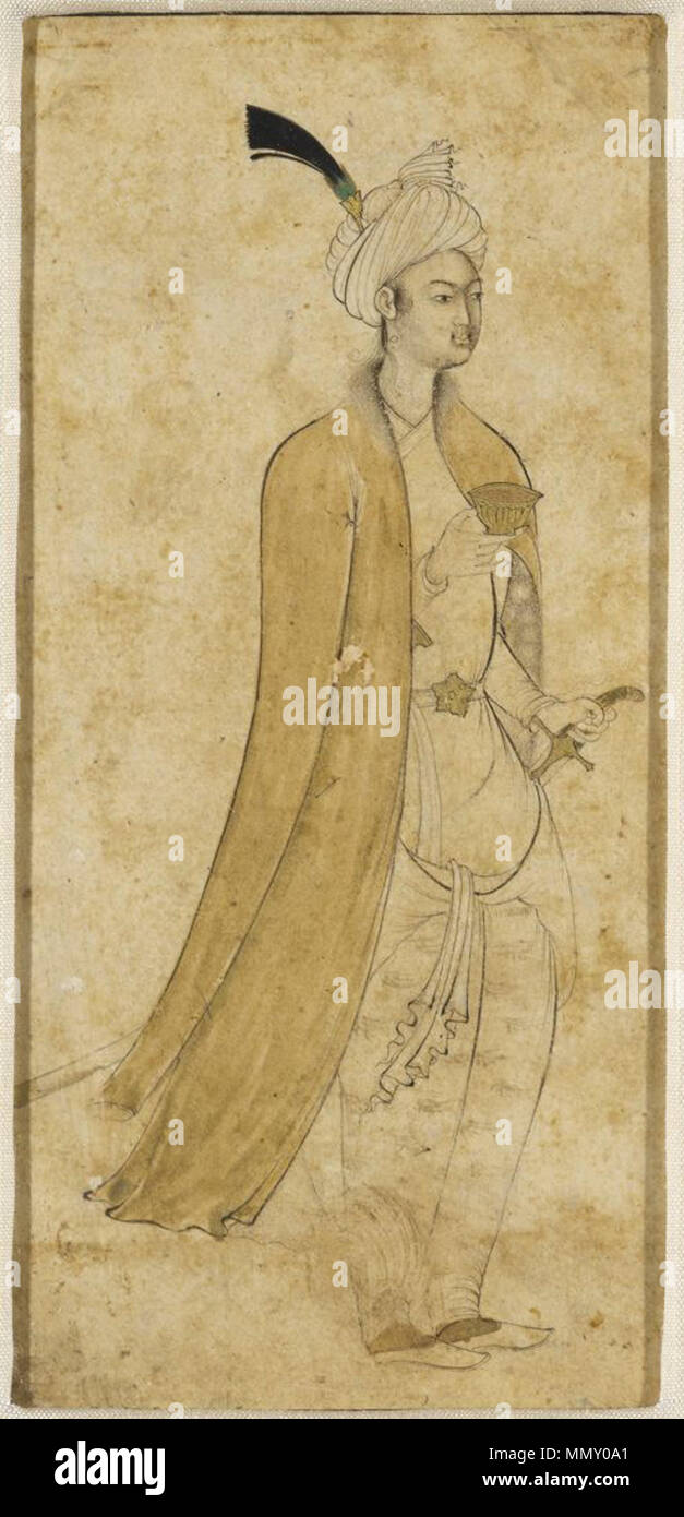 . Englisch: aqa Riza Jahangiri afghanischen Gentleman mit einem goldenen Wein Cup, c. Zugeschrieben 1600 Malerei Indische, 16.-17. Jahrhundert Mughal Periode, 932-1274/1526-1858 Erstellung Ort: Indien Tinte erhöhte mit undurchsichtigen Aquarell und Gold auf Papier 13,1 x 6,8 cm (5 3/16 x 2 11/16 in.) Harvard Art Museen / Arthur M. Sackler Museum, Anonyme Fonds, 1921.33 Abteilung der Islamischen und Später indischer Kunst, Abteilung für asiatische und mediterrane Kunst diesen Eintrag aus historischen Dokumentation erstellt wurde und nicht von einem Kurator überprüft worden sind; es kann ungenau oder unvollständig sein. Unsere Aufzeichnungen sind häufig überarbeitet Stockfoto