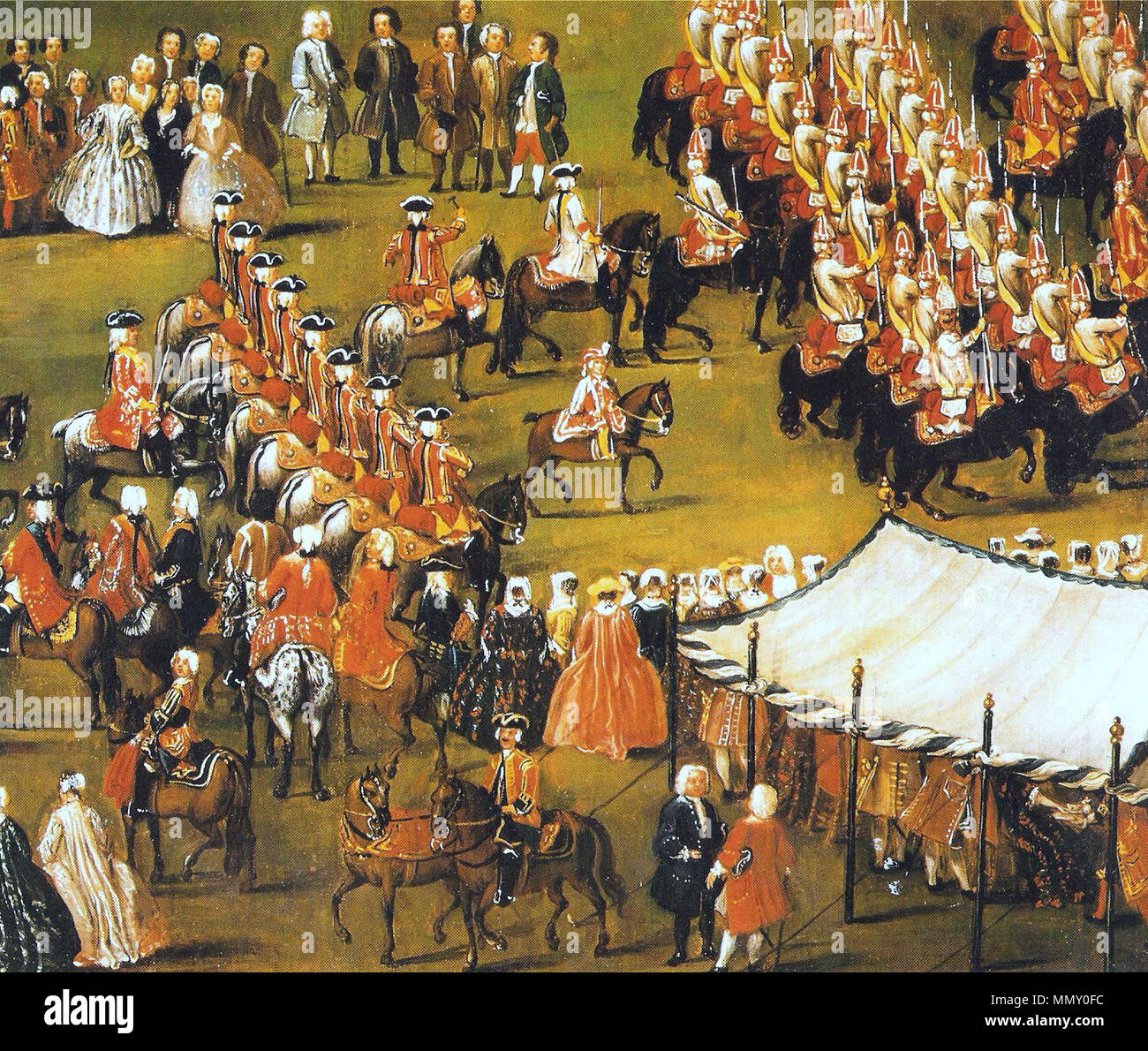 . Georg II. von England (links/links) und Prinz Wilhelm August (Junge/Junge) - dragonerregiment von Wendt (D V)-Revue von Bemerode 1735 - Detail! . 1738. J.F. Lüders Georg II. von England und Prinz Wilhelm Ernst Revue von Bemerode 1735 1586 x 1343 Stockfoto