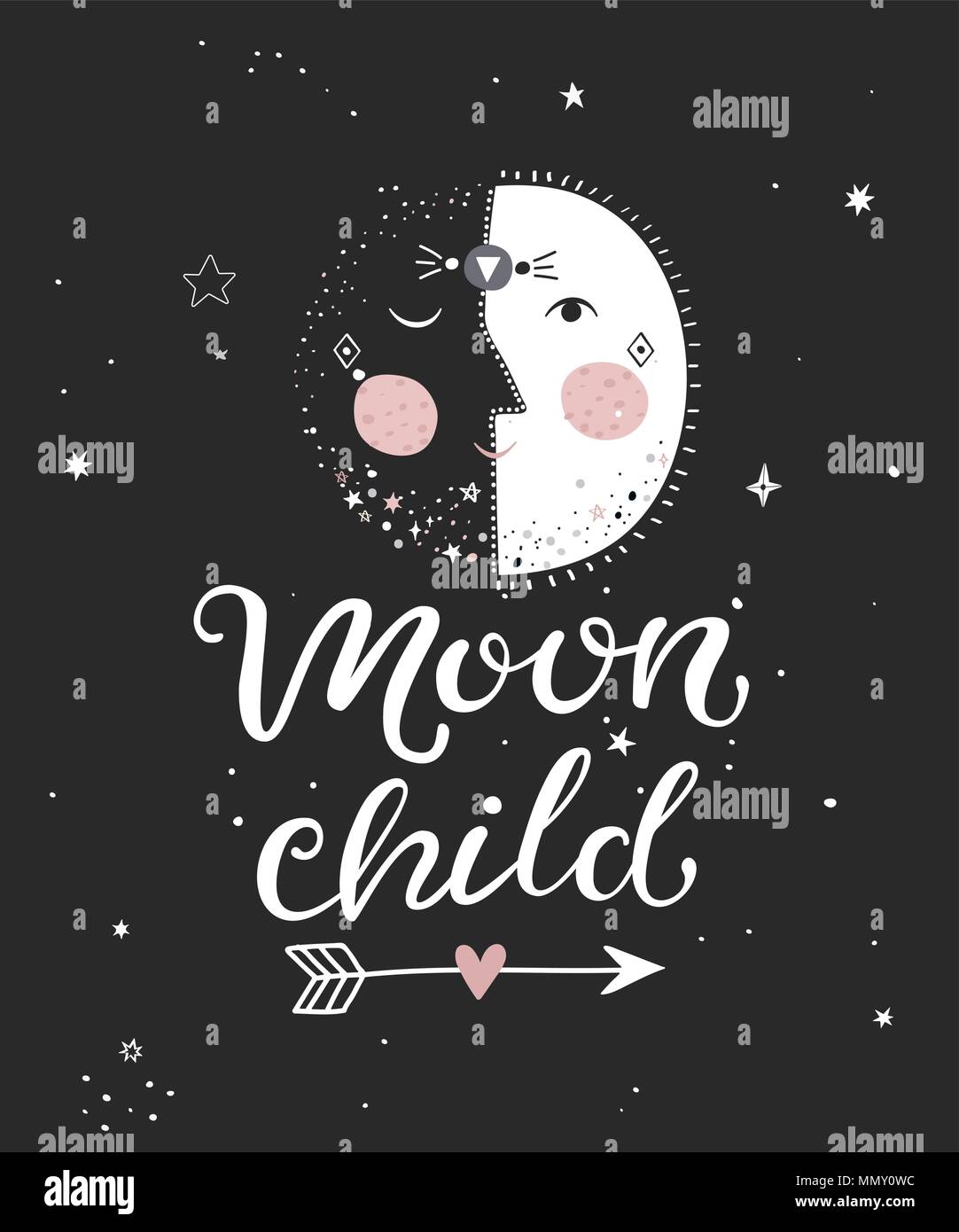 Moon Child Schwarzweiß-Poster mit handgezeichneten Schriftzug. Vector Illustration. Stock Vektor