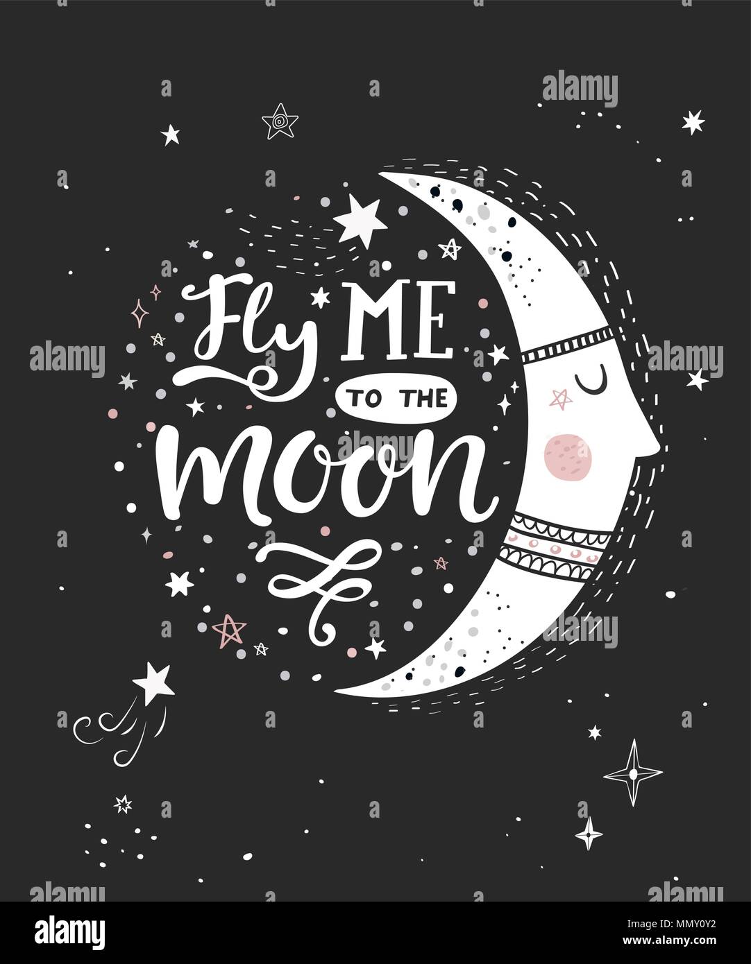 Mich zum Mond fliegen Schwarzweiß-Poster mit Hand gezeichnet Schriftzug. Vector Illustration. Stock Vektor