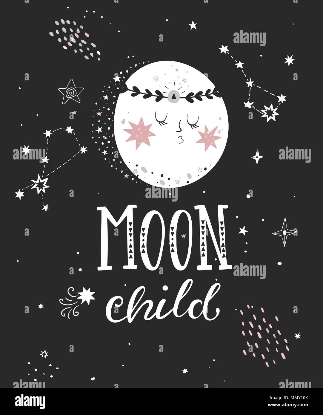 Moon Child Poster mit handgezeichneten Schriftzug. Vector Illustration. Stock Vektor