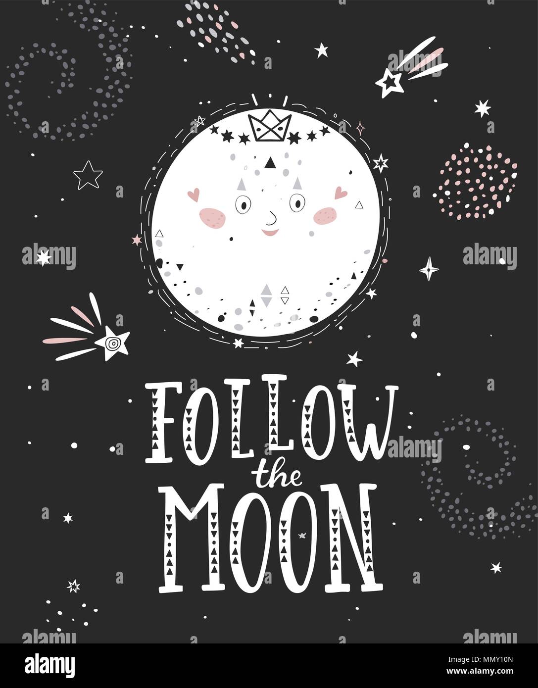 Der Mond Schwarzweiß-Poster mit Vollmond und hand Folgen gezeichnet Schriftzug. Vector Illustration. Stock Vektor